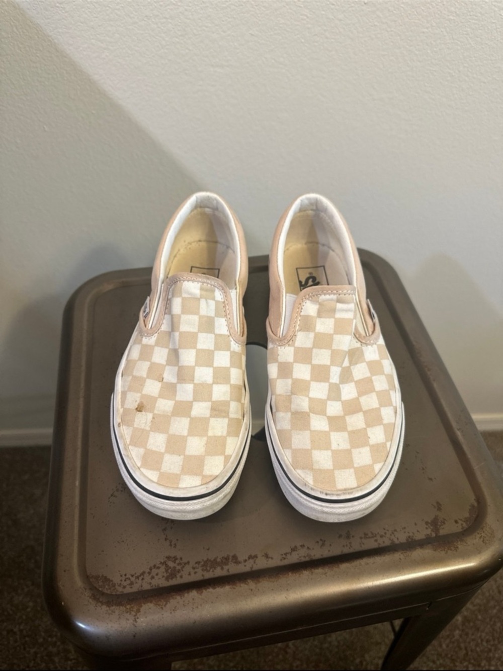 Vans Kids Slip-On Checkerboard Sneakers in Beige and White - Picture 2 of 6